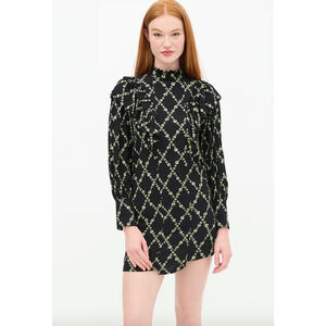 GANNI Margarita Mini Dress Logo Print Crepe Ruffle Long Sleeve Party Sz 32 US 4